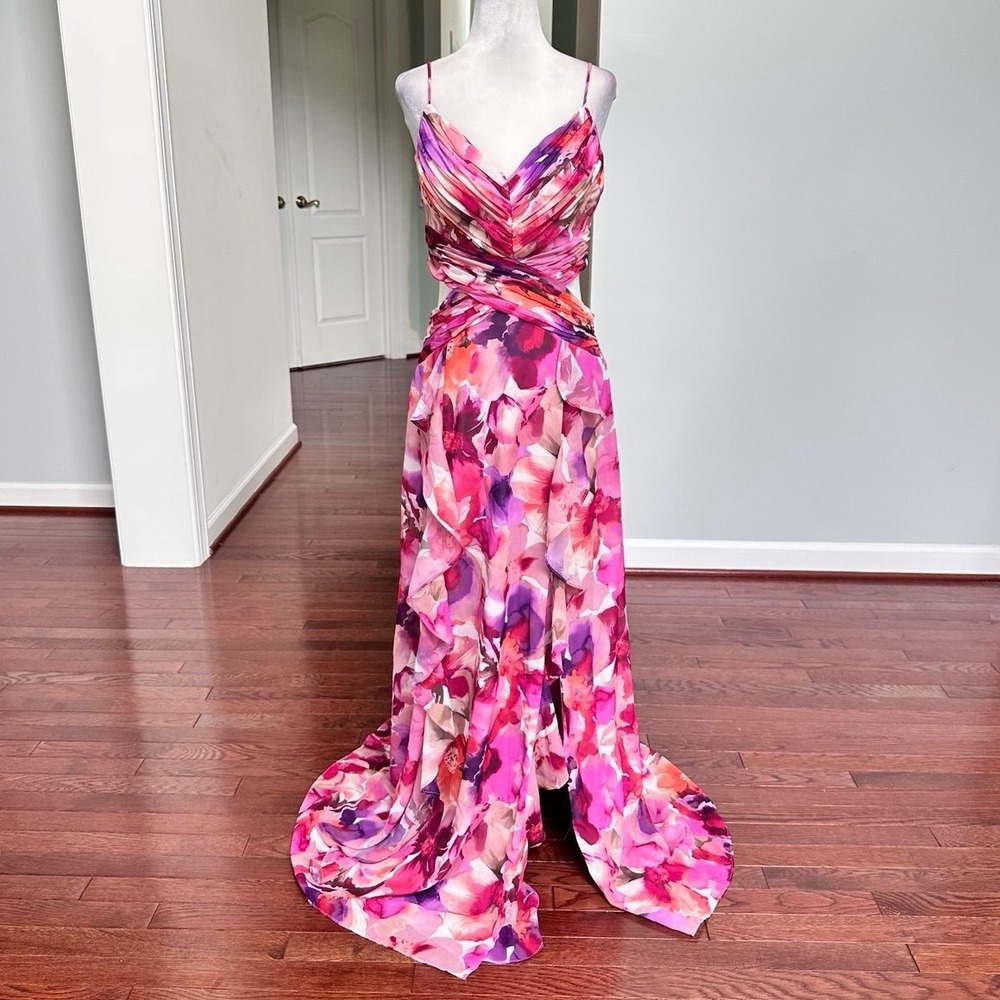 XSCAPE Pink Purple Floral Plunge Feminine Cutout Jellyfish Sexy Maxi Gown Dress